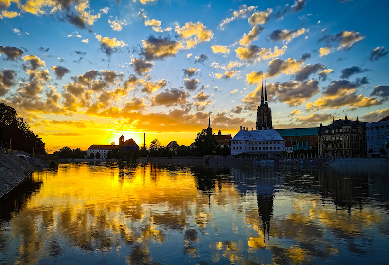 Sunset behind Tumski Island in Wroclaw