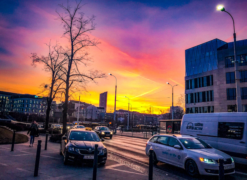 Sunset behind Skytower in Worclaw