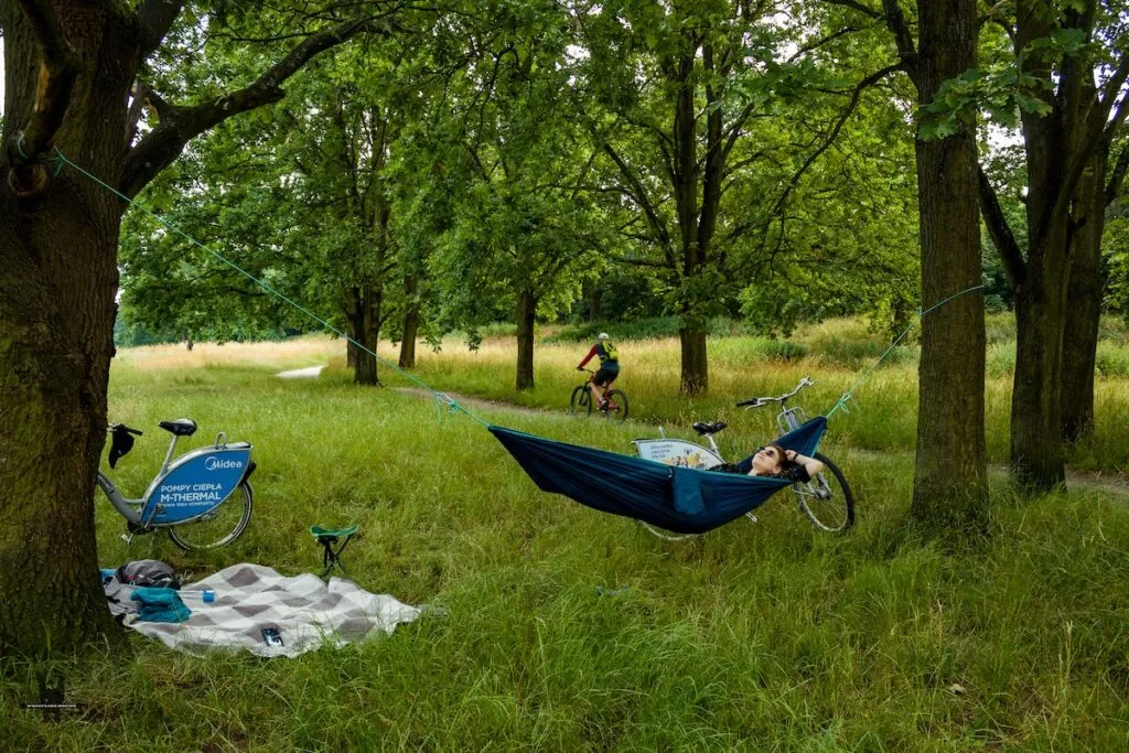 Hammocking on a Wroclaw bike tour by the Odra riverside
