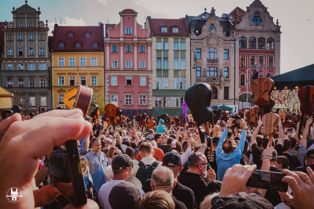 Lively crowd of 10000 plus people attending Guitar World Record 2025 festival in Wrocław
