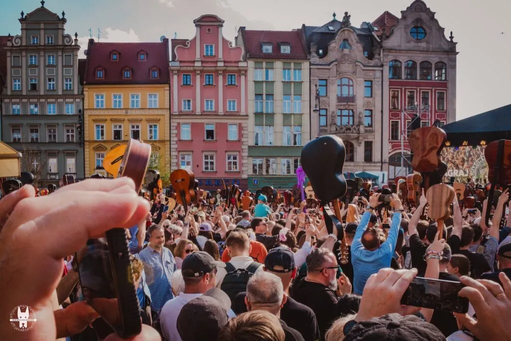 Lively crowd of 10000 plus people attending Guitar World Record 2025 festival in Wrocław